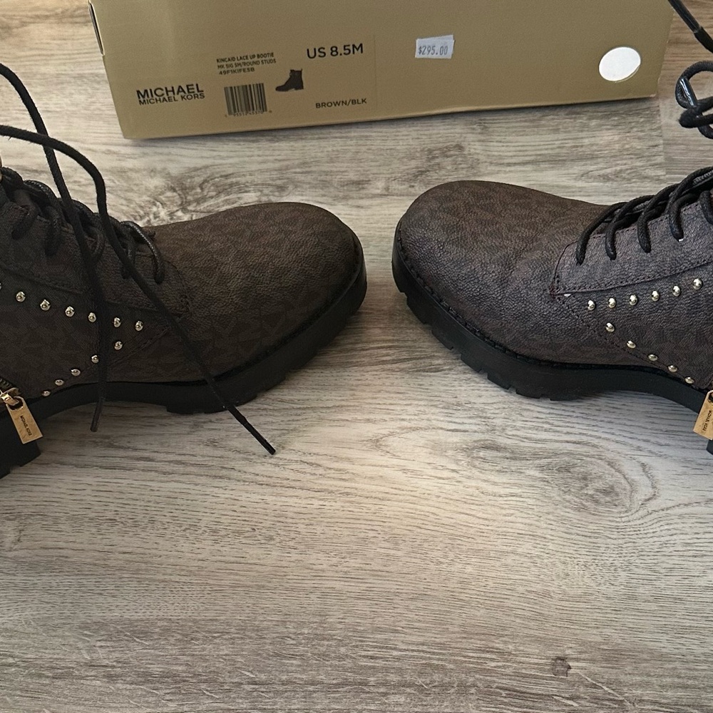 Michael Kors Kincaid Logo Studded  Brown and Black Lace Up Boots - Picture 7 of 8